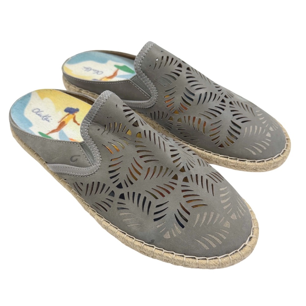 OluKai Kaula Slides Womens 8.5 Grey Leather Cushioned Olu Ili Espadrille Mules
